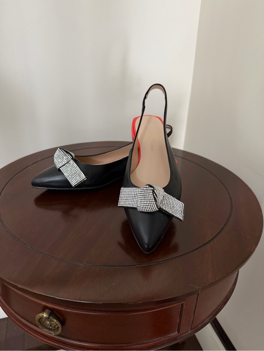 Black Pointed Slingback Mules with Crystal Bow Detail